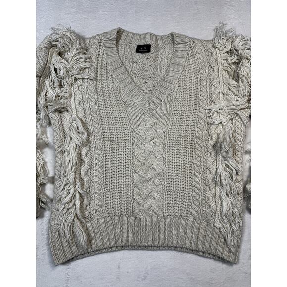 Vici Chunky Fringe Cable Knit Sweater XL Cream Acrylic Boho Textured Pullover - Picture 1 of 12